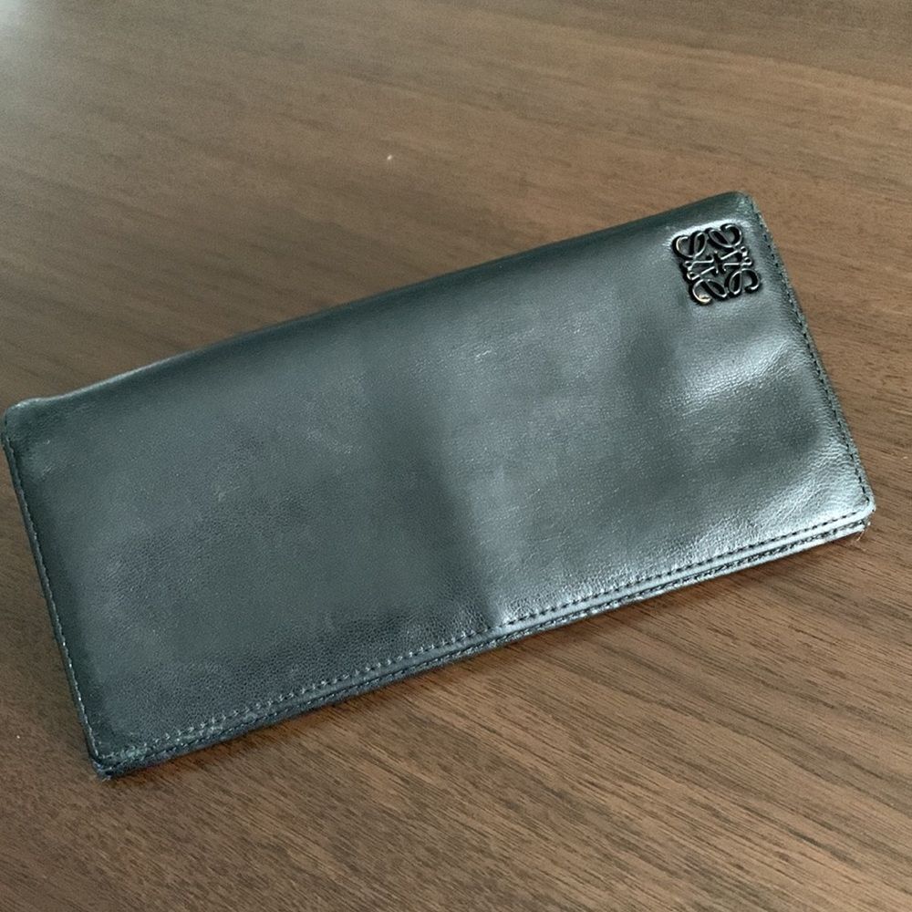LOEWE bifold long wallet black leather /navy interior zip compartment women’s